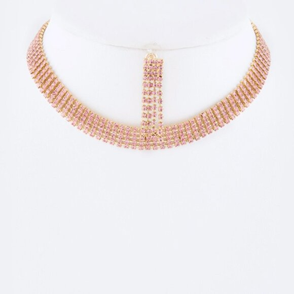 5 Row Color Crystal Rhinestone Choker Set - Gold/Pink - Picture 1 of 2